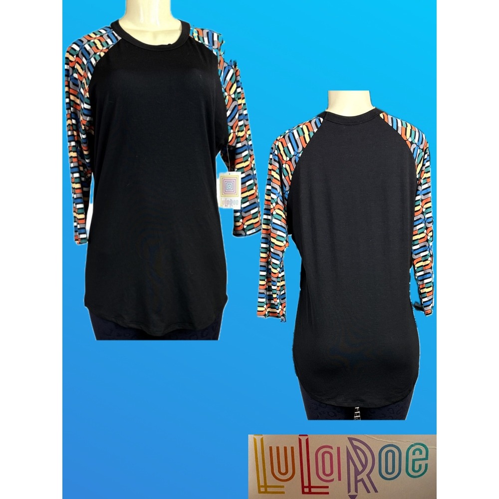LuLaRoe Randy Baseball Tee Black Multicolor Chainlink Print 3/4 Raglan Sleeve M